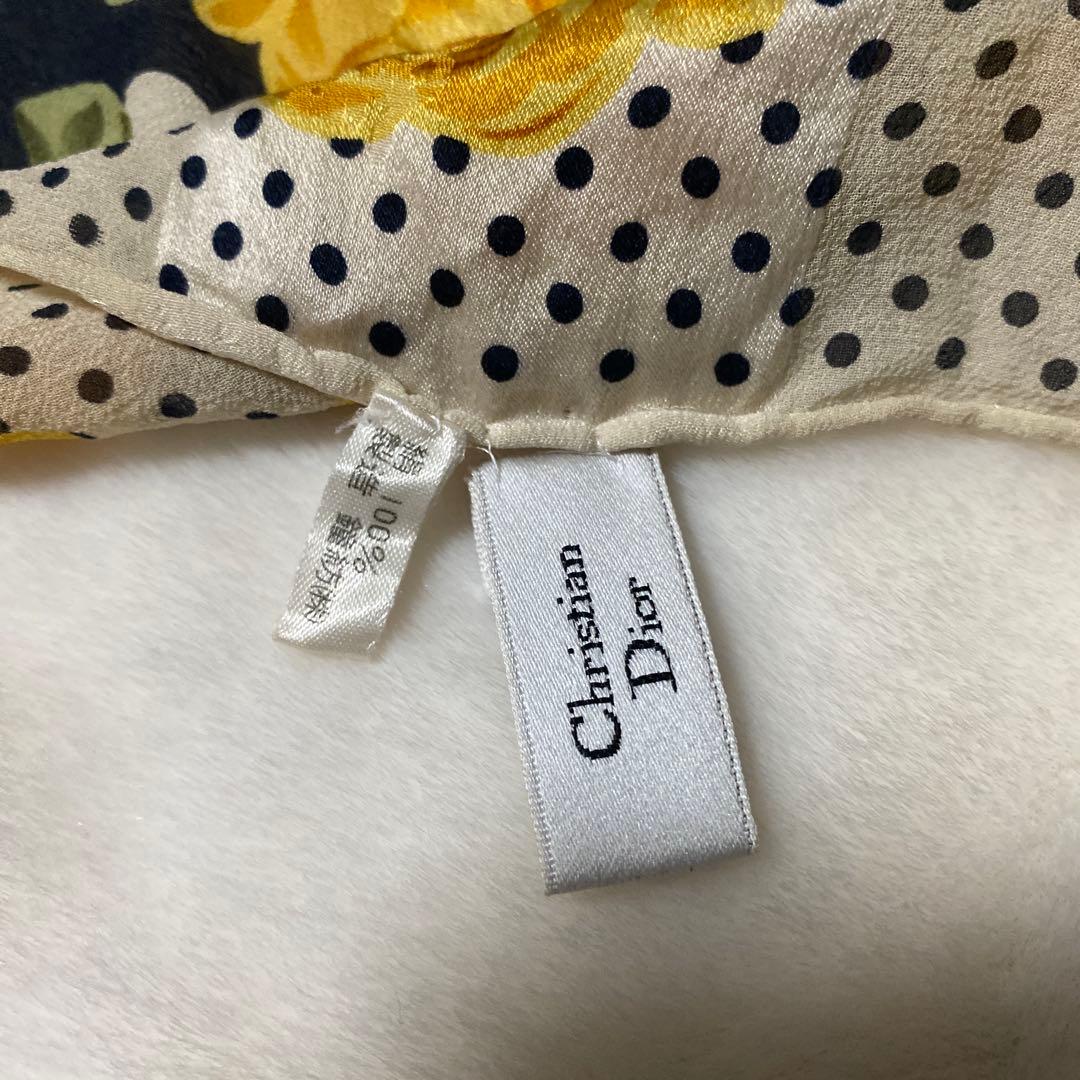 Christian Dior ドット 水玉 バラ大判シルクスカーフ 花柄 ロゴ