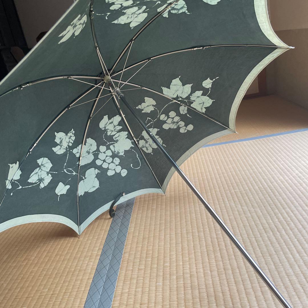 【新品】日本製 天然染 麻100 リネン 木製彫 高級日傘 モンブラン山口