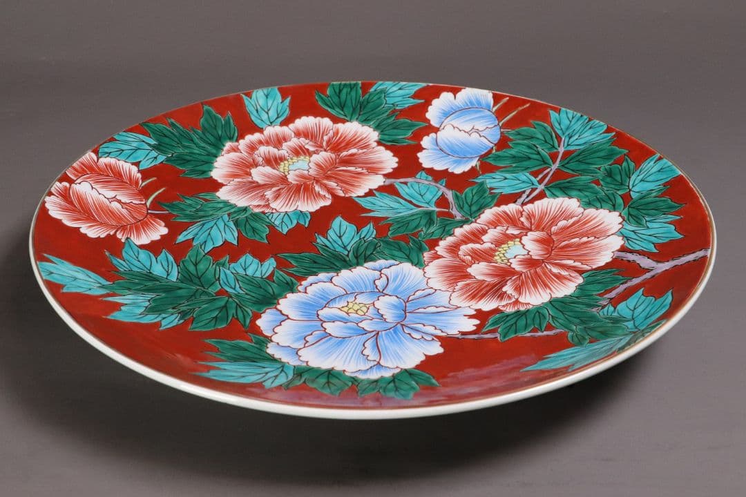 有田焼 鍋島定山作 牡丹図 色絵大皿 40.6cm 飾り皿 赤絵 MA406