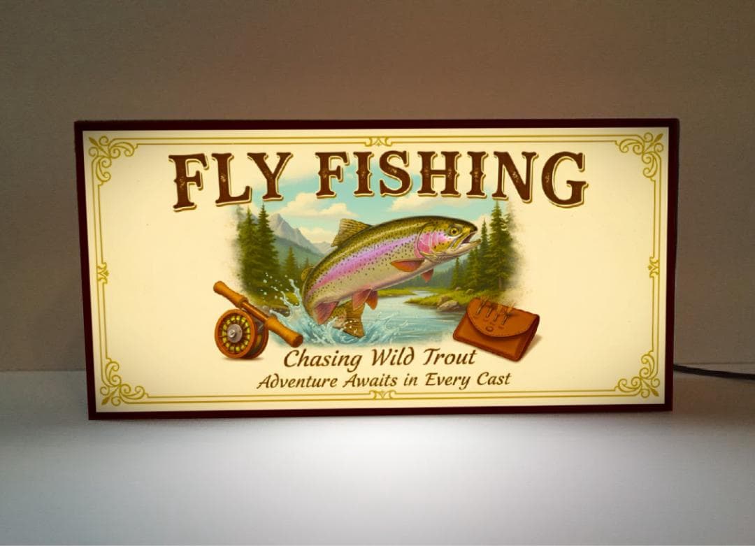 【オーダー無料】フライフッシング 虹鱒 渓流釣り 看板 置物 雑貨 ライトBOX