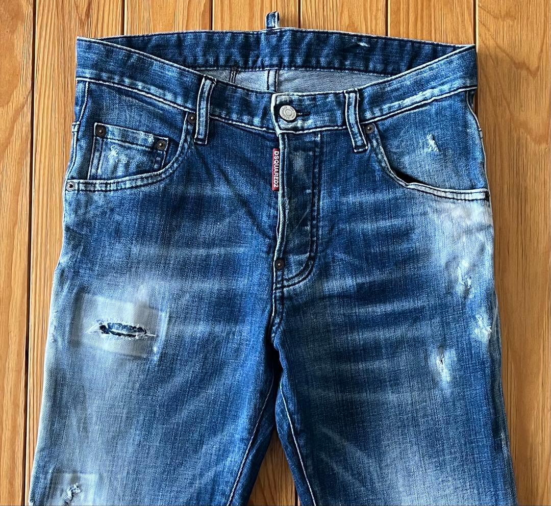 【美品】ディースクエアード ダメージスキニーデニム S メンズ ジーンズ 青 綿