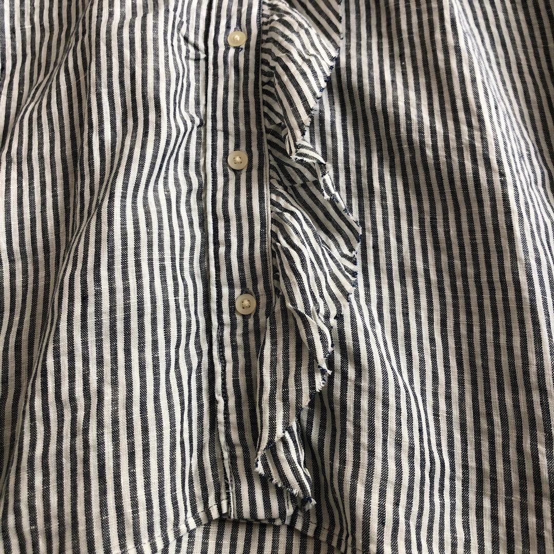 TROIS トロワ　リネンフリルブラウス　ストライプ　フレンチブリュ