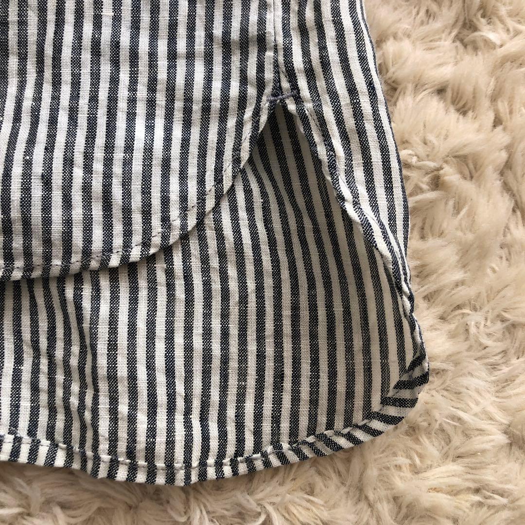 TROIS トロワ　リネンフリルブラウス　ストライプ　フレンチブリュ