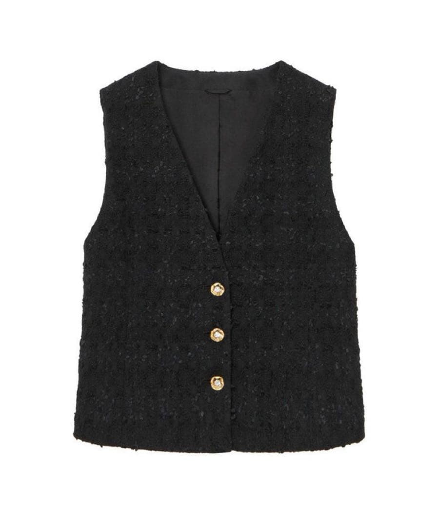 タグ付 ANAYI ミックスヤーンツイードショートジレ ブラック 36