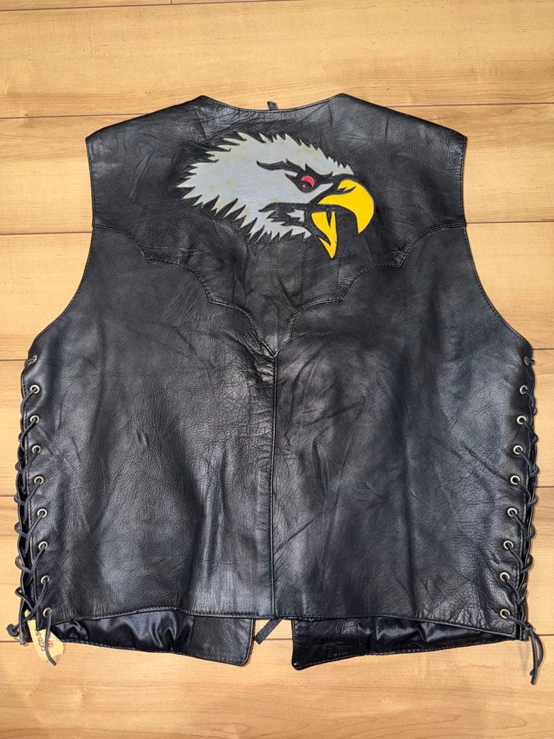 牛革USAレザー ベスト Lサイズ 赤い炎 鷲刺繍