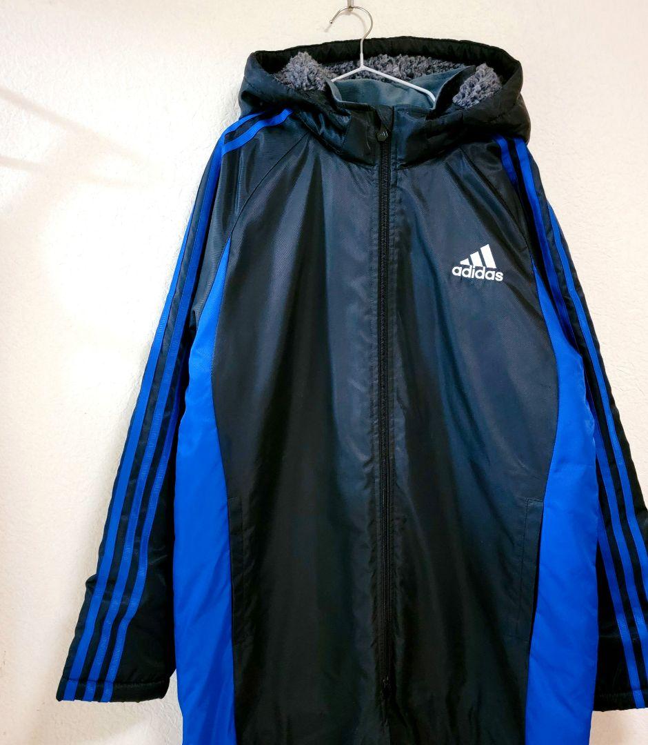 【adidas】新品☆中綿ベンチコート 裏ボア 防寒　 あたたかい160 黒/青