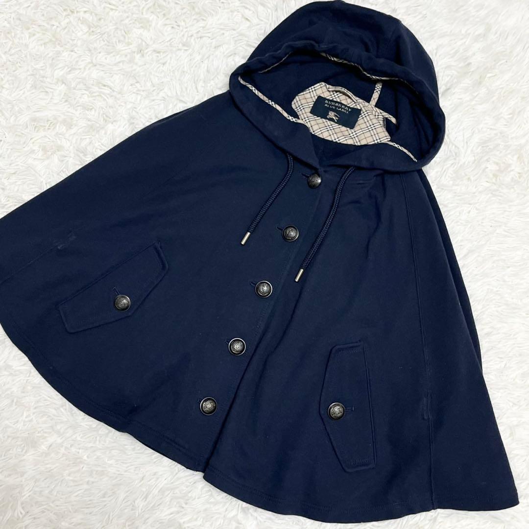 バーバリーブルーレーベル ポンチョ ケープ ノバチェック フード ネイビー