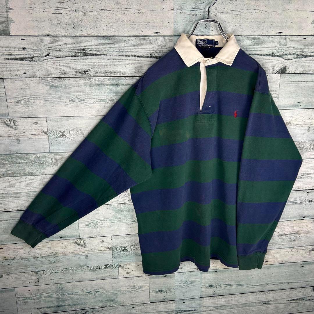 ラルフローレン 刺繍ロゴ 太ボーダー 長袖 ラガーシャツ 緑紺 M 4992