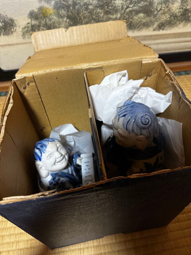 ぐ*ま様 九谷焼 染付 寒山拾得 人物置物 2体セット 共箱付き