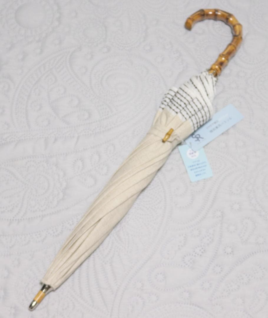 新品【晴雨兼用 長傘】麻綿生地 切替刺繍 木製 雨傘 日傘 UV遮蔽率99％