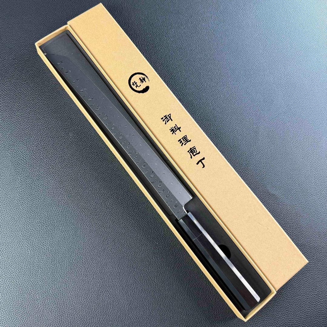 9658 新品 ダマスカス 先丸包丁 尺 渦潮紋 105層 黒檀黒水牛角八角柄