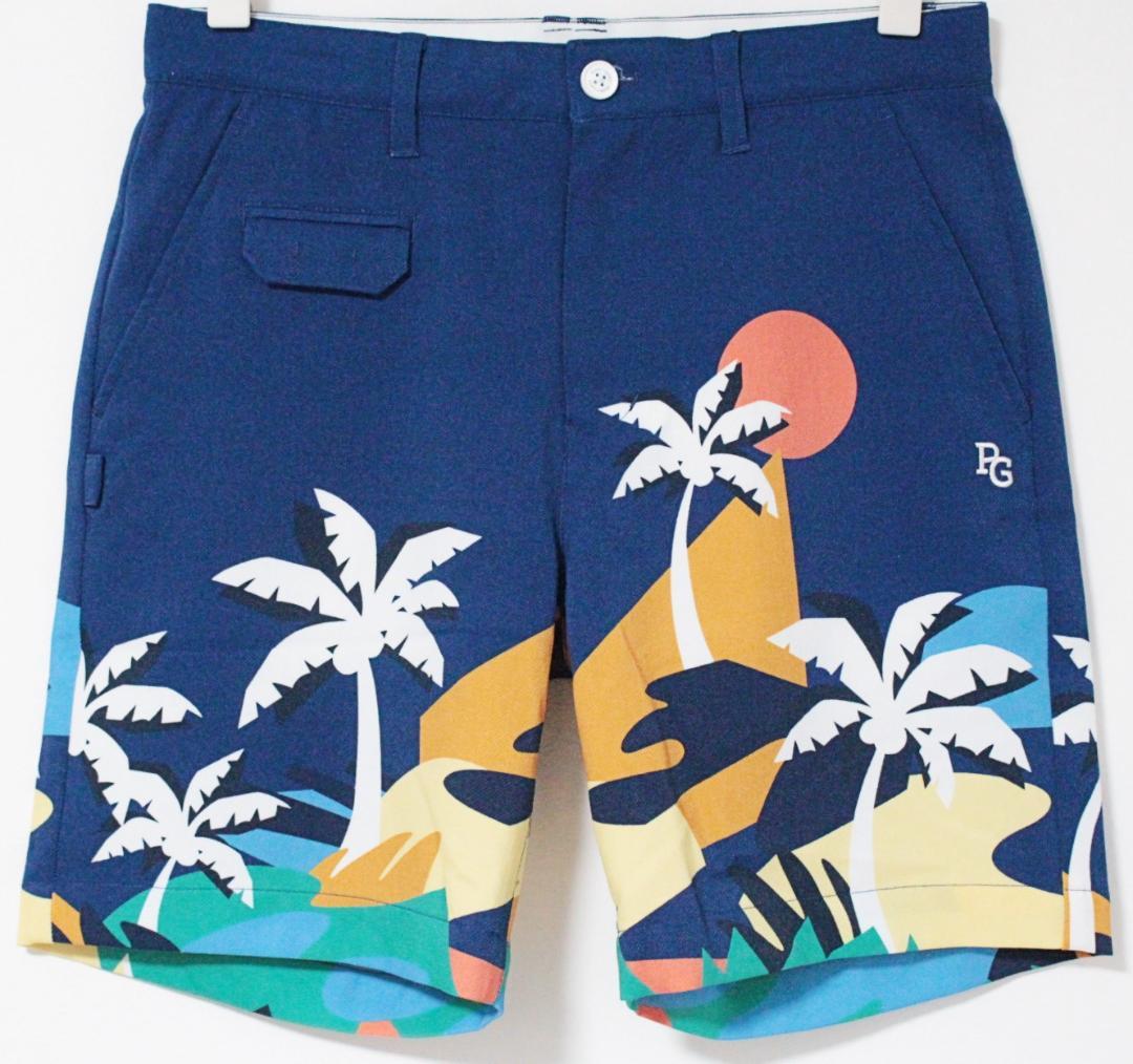 新品 パーリーゲイツ ヤシの島柄 ストレッチハーフパンツ L（80-84cm）青