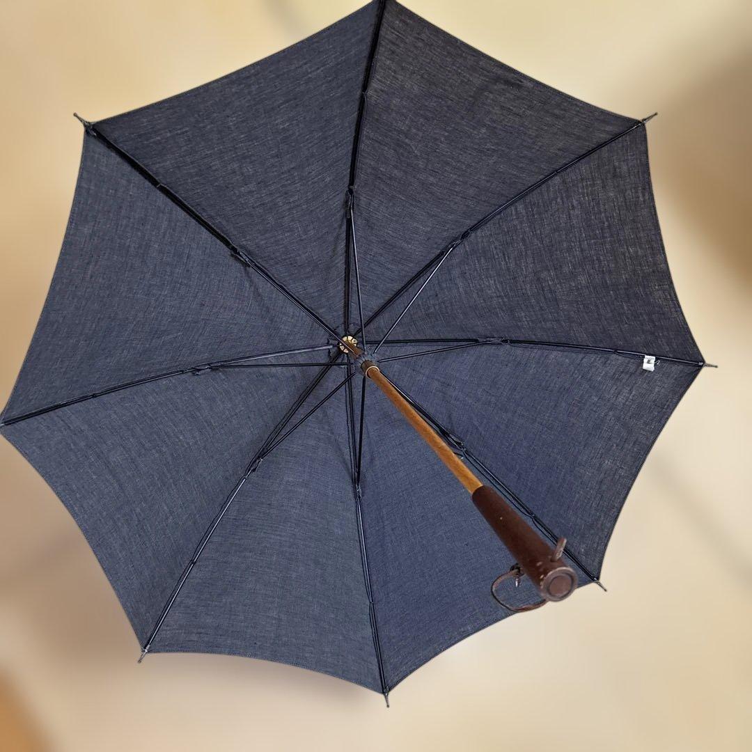 evam eva ダークブルー 日傘 長傘 木製ハンドル