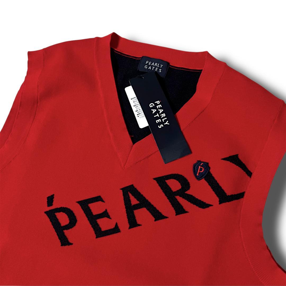 1 パーリーゲイツ ローカルポリ メゾンビッグロゴ Vネック ニットベスト 白赤