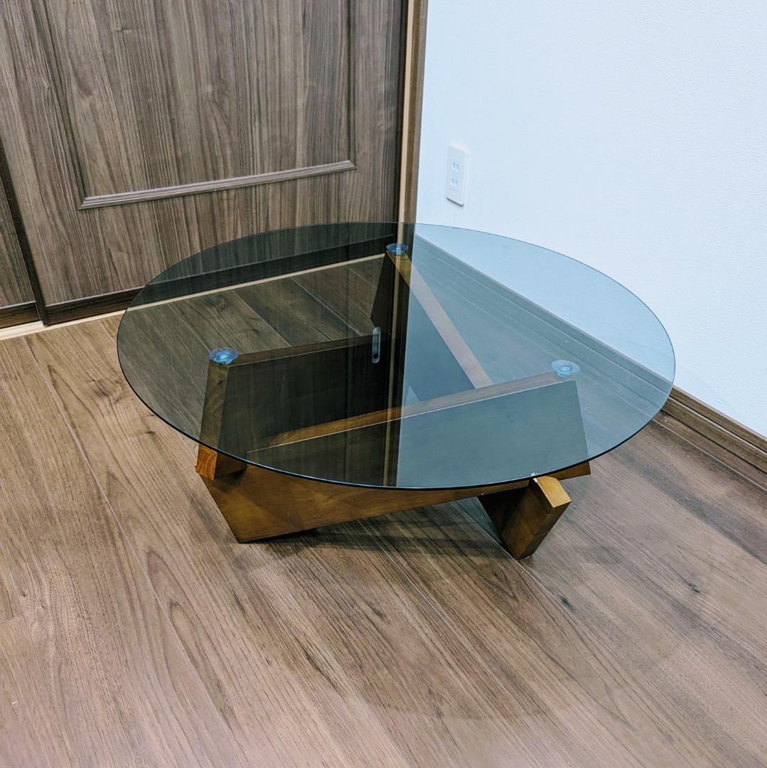 カフェ風　円形ガラス　テーブル　ローテーブル