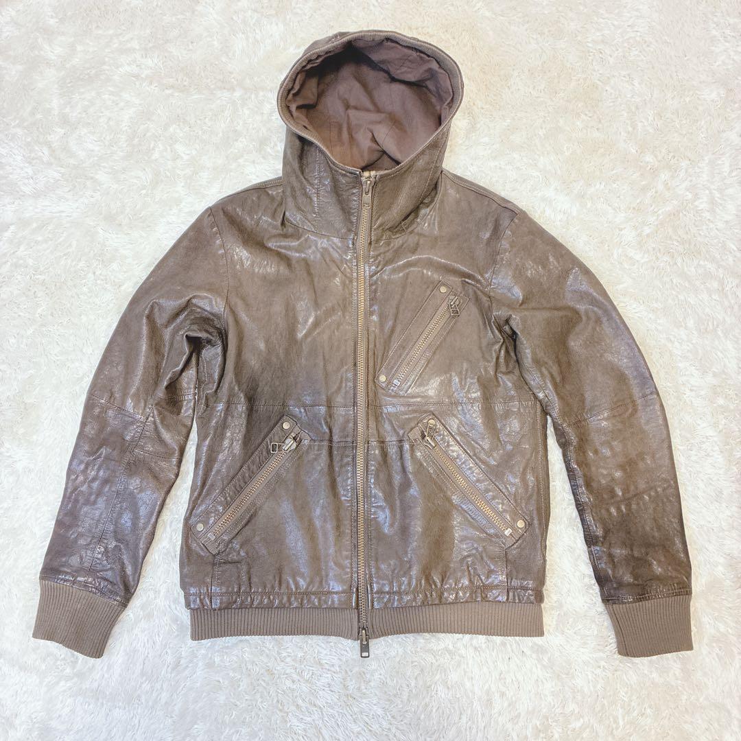 希少 AVIREX フード付 ゴートレザー ジャケット リブ袖 ジップアップ L