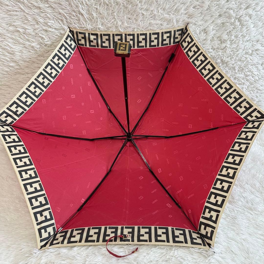 良品✨ フェンディ 折り畳み傘 ズッカ柄 赤 金 手動開閉 傘袋付き