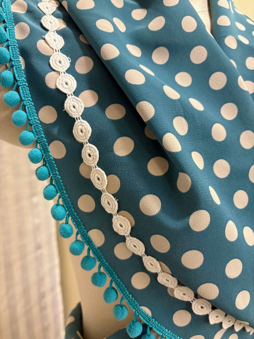 フラメンコ衣装　エプロン＆シージョセット　黒ボタニカル　ブルーグレーベージュ水玉