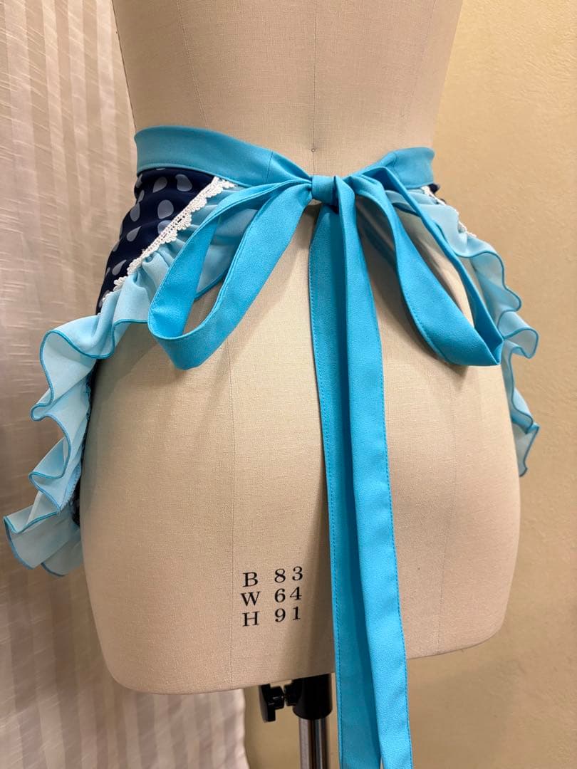 フラメンコ衣装　エプロン　ネイビー水色水玉　スカラップレース　発表会　ライブ