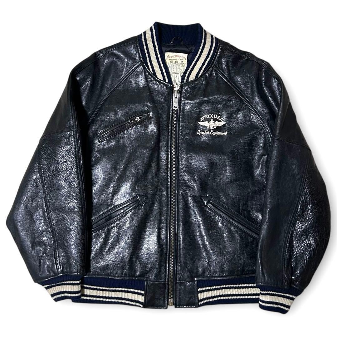 美品 AVIREX 刺繍 アーチロゴ オールレザー スタジャン S 短丈
