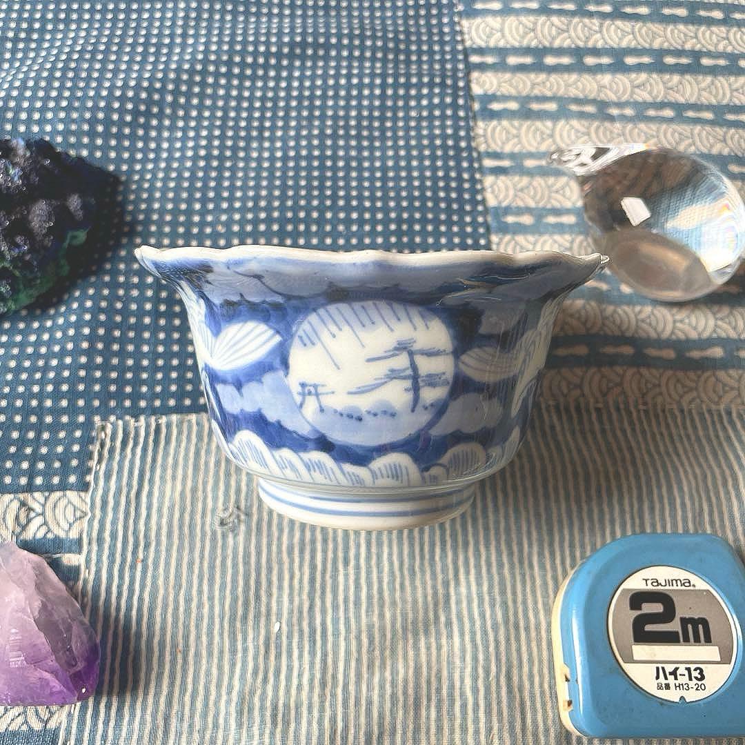 古伊万里 染付 雲鶴文 輪花小鉢完品