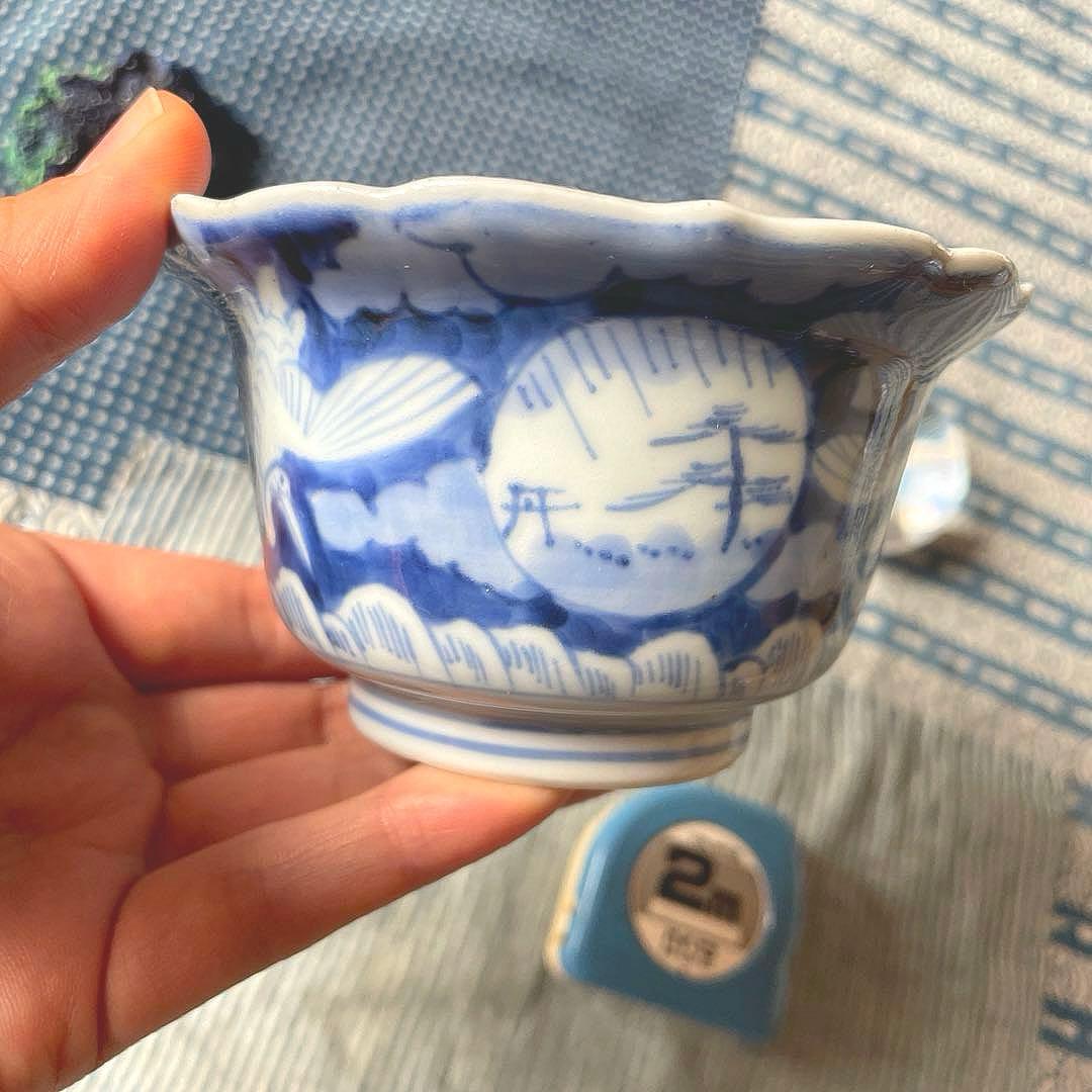 古伊万里 染付 雲鶴文 輪花小鉢完品