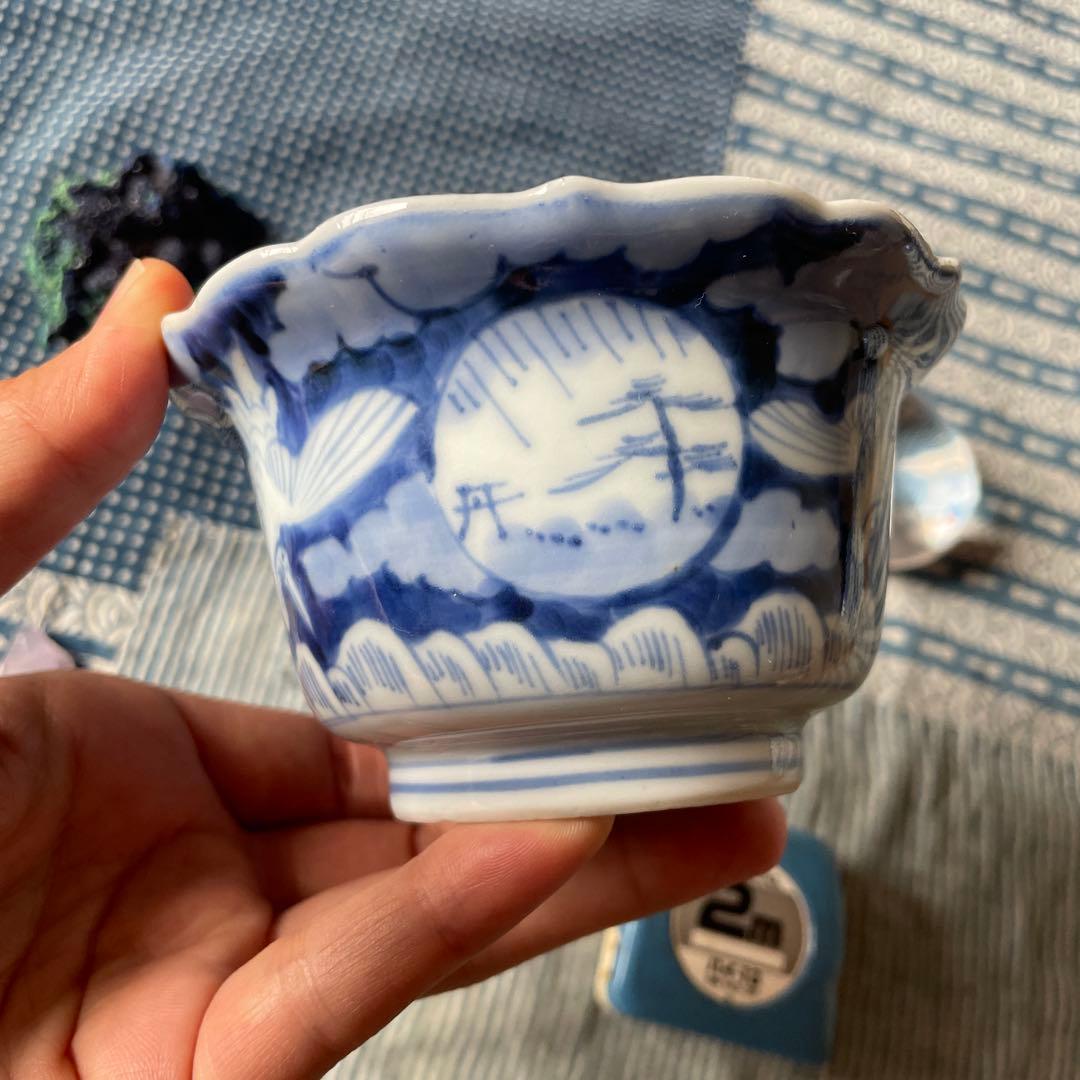 古伊万里 染付 雲鶴文 輪花小鉢完品