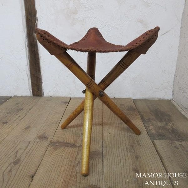 イギリス アンティーク 家具 スツール リアルレザー 折り畳み 英国 4672e