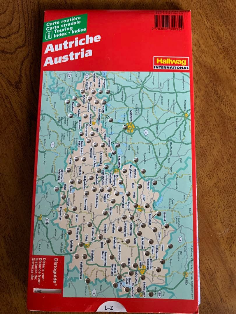 オーストリア地図Hallwag製未使用 全土&都市掲載 都市間距離一覧表付き