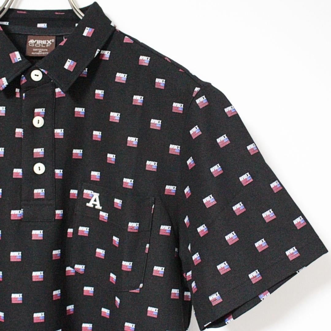 新品 アヴィレックス ゴルフ ロゴ総柄 ストレッチ 鹿の子ポロシャツ L 黒