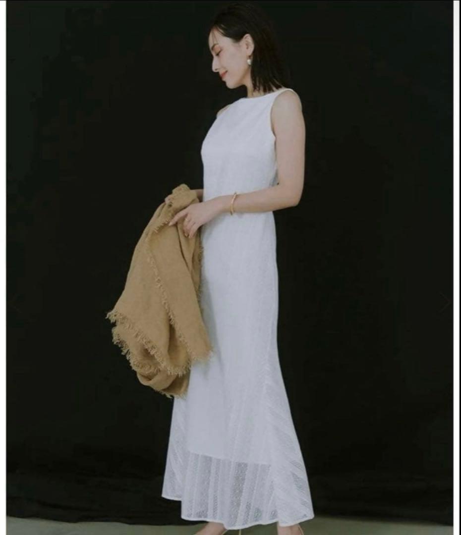 anuans ジオメトリックレースパネルワンピース ホワイト