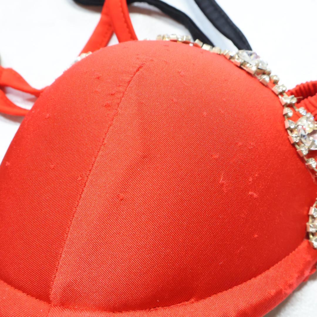 【ベリーダンス用 オリエンタル衣装】レッド×ブラック ラインストーン フリル