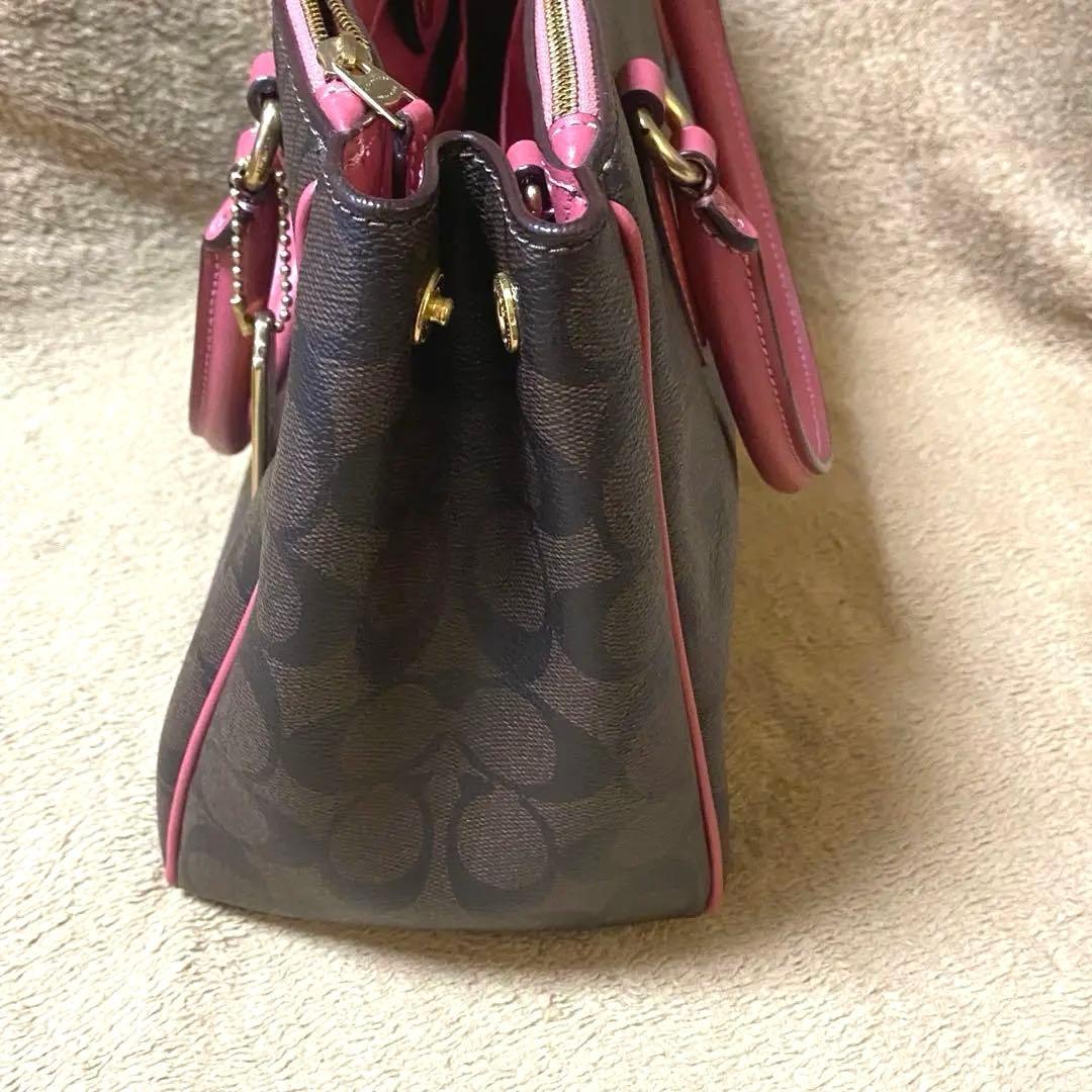 【美品】COACH レザーハンドバッグ ダークブラウン/ピンク