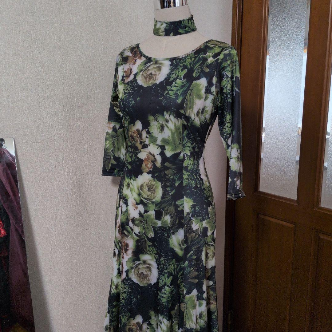 社交ダンス花柄ドレス 長袖