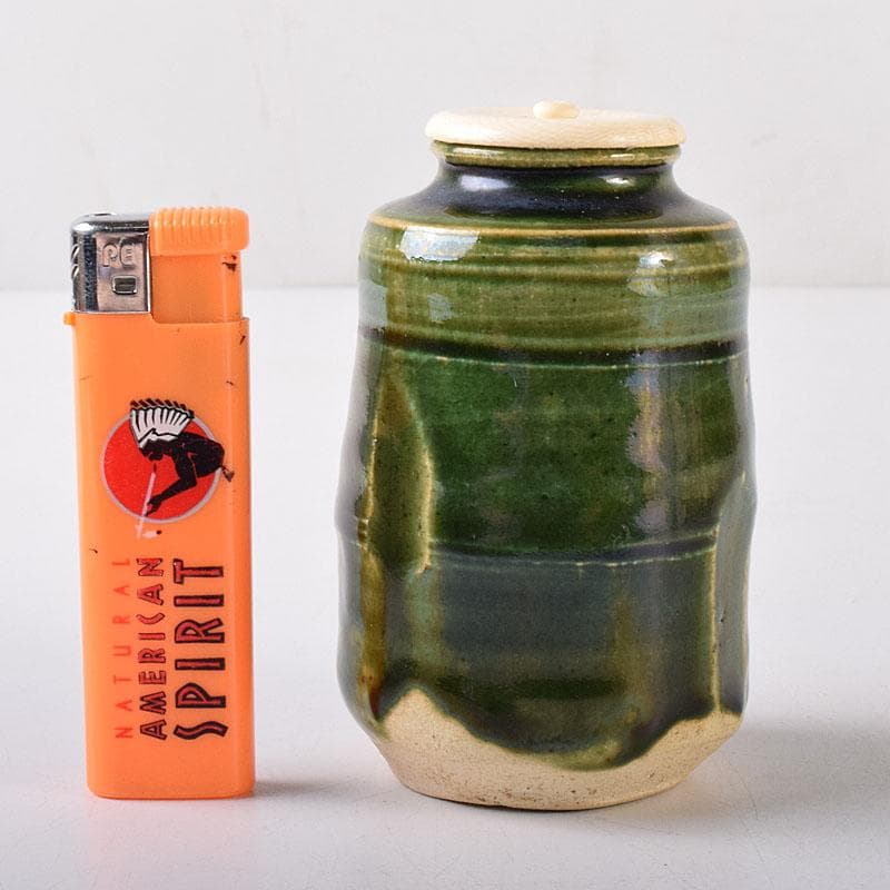 茶道具　山月窯　川本了生造　織部　茶入　仕覆付　共箱　V　7278