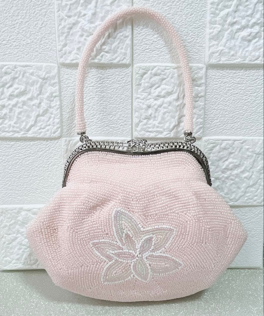 【総ビーズ】和装用 草履＆バッグ セット 2点 花柄 淡いピンク 成人式 振袖