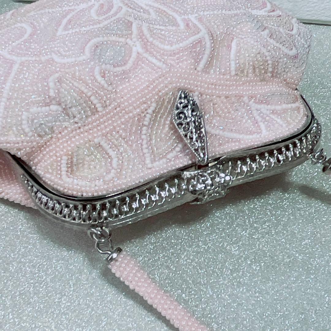 【総ビーズ】和装用 草履＆バッグ セット 2点 花柄 淡いピンク 成人式 振袖