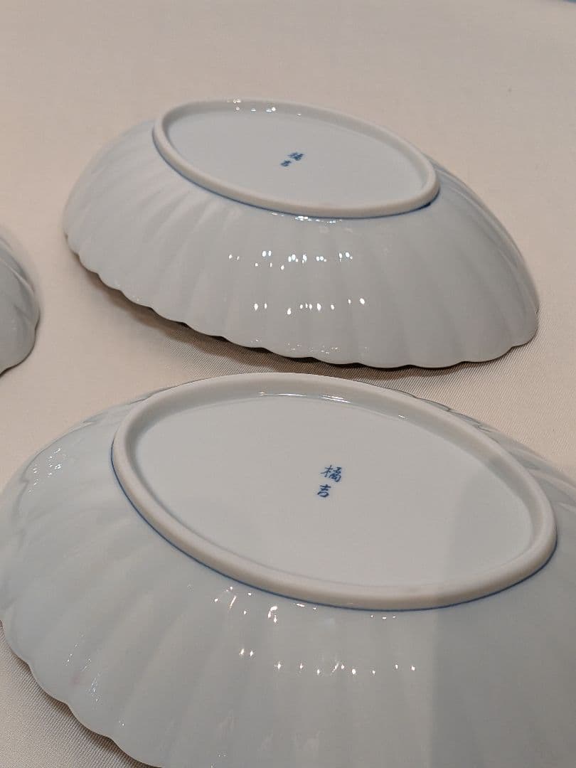 たち吉　オーバル　染付　菊型輪花皿　5客　　カレー皿　中皿　花鳥図　未使用品