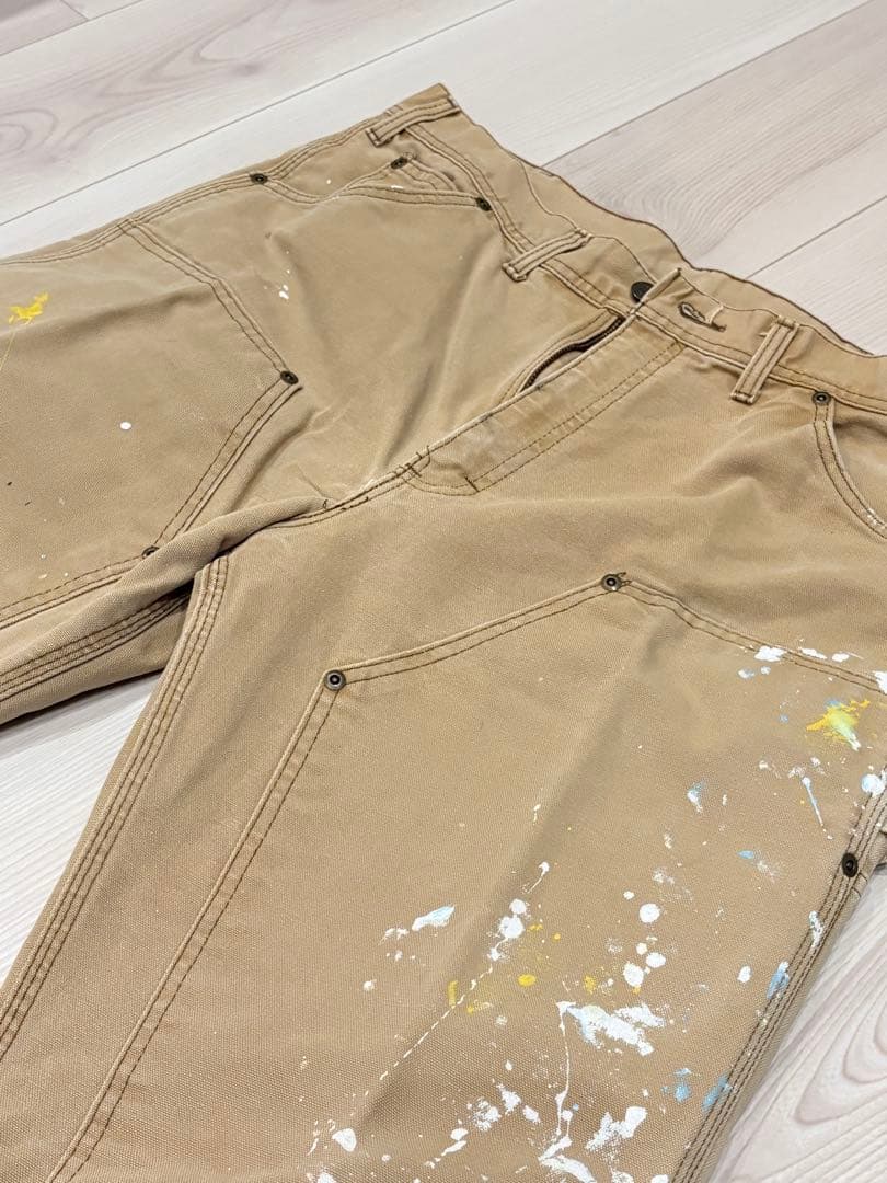 80s KEY ダブルニー ワークパンツ ベージュ W36 ペイント