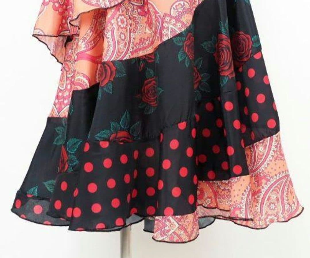 フラメンコ　 巻きスカート オレンジ系ペーズリー×ドット柄