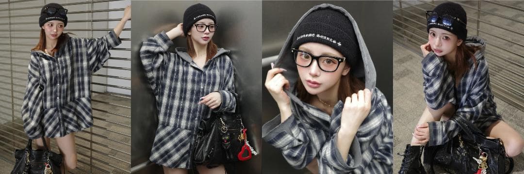 ダーリッチ darich フードドッキングチェックルーズシャツ ブラウン