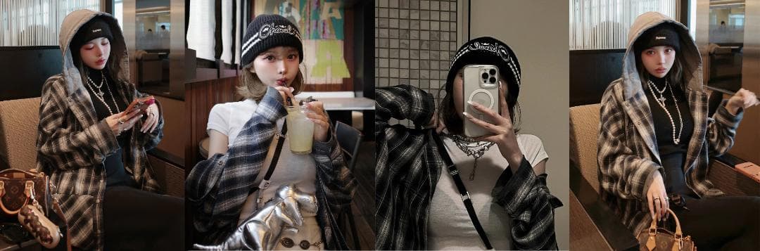 ダーリッチ darich フードドッキングチェックルーズシャツ ブラウン