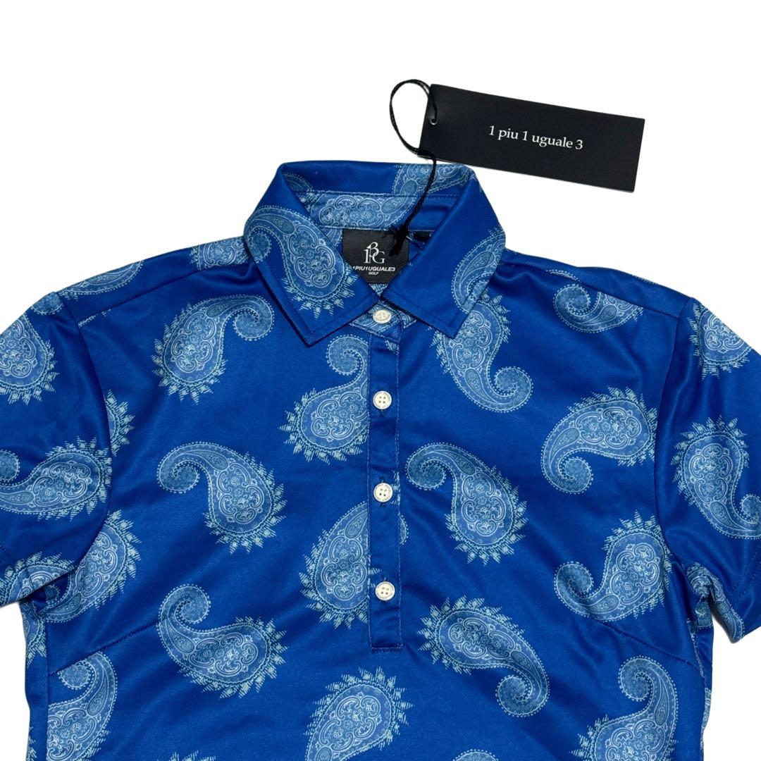 新品タグ付 ウノピゥウノウグァーレトレ ゴルフ半袖ポロシャツ ブルーペイズリー柄