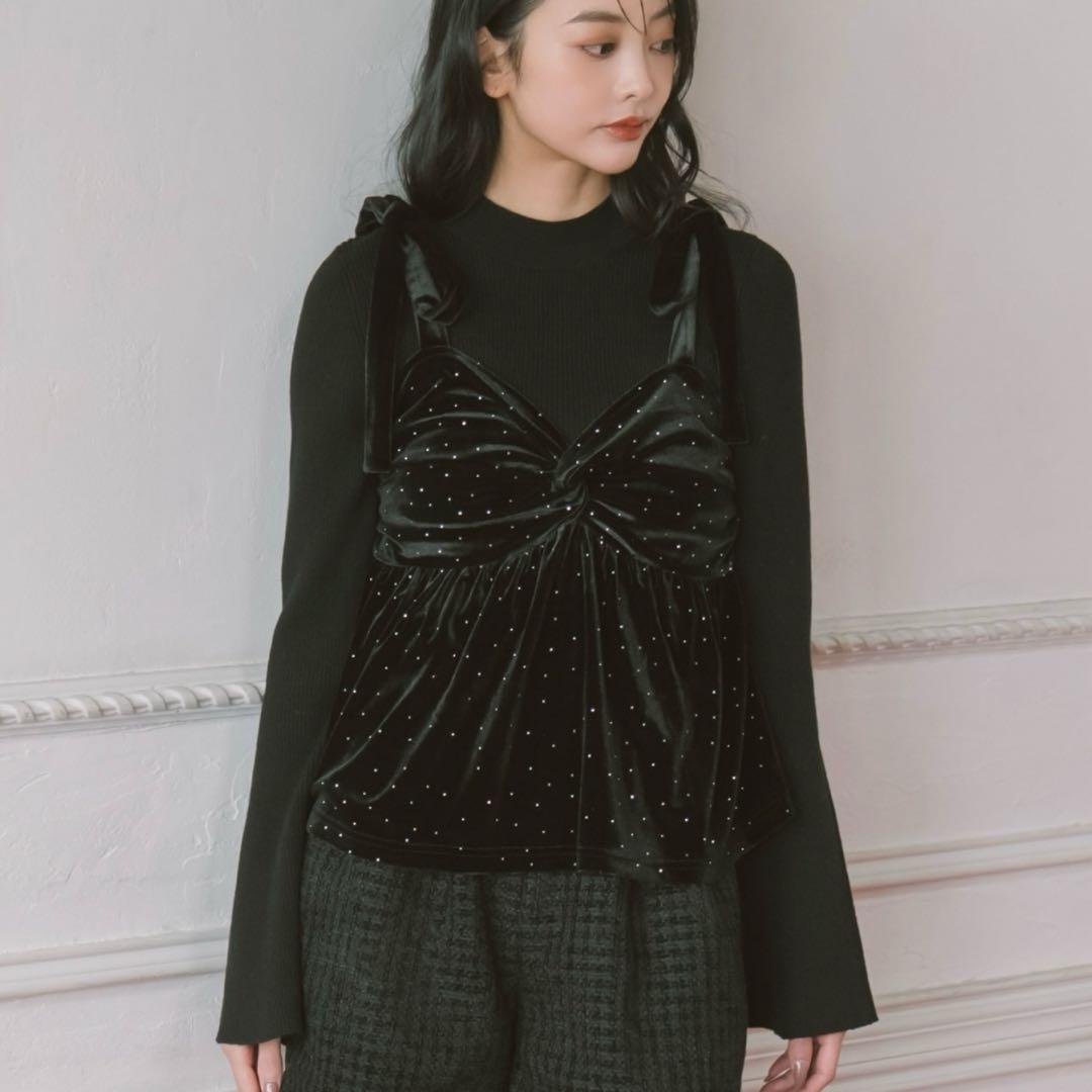 ラインストーンベロアビスチェ×フレアリブニットＳＥＴ