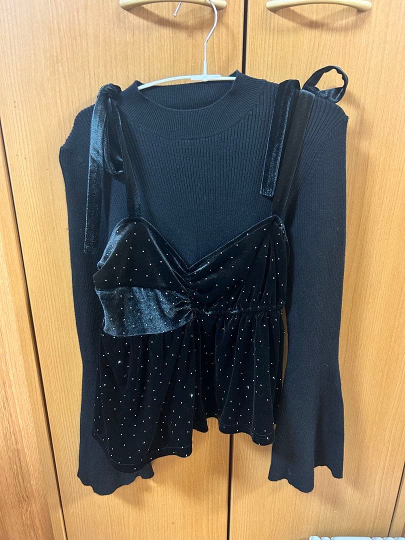 ラインストーンベロアビスチェ×フレアリブニットＳＥＴ