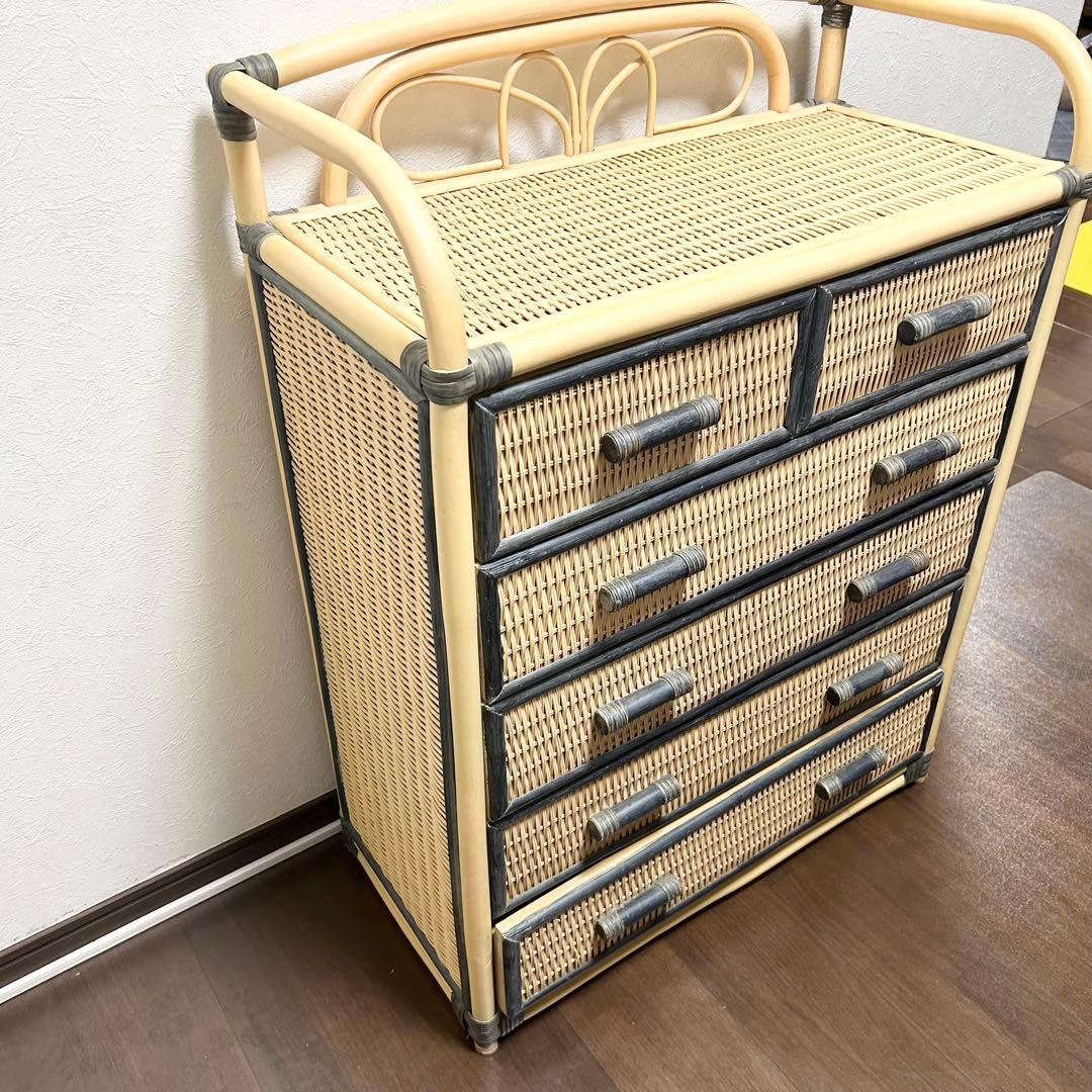 ラタン 5段チェスト 引き出し 収納 タンス 箪笥 電話台 ビンテージ