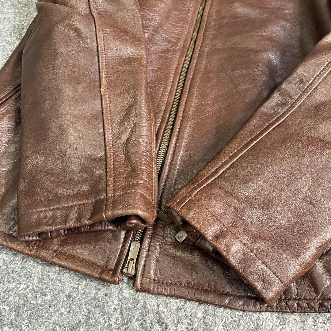 【美品】NO ID カウレザーVネックシングルライダースJKT 茶 3 牛革