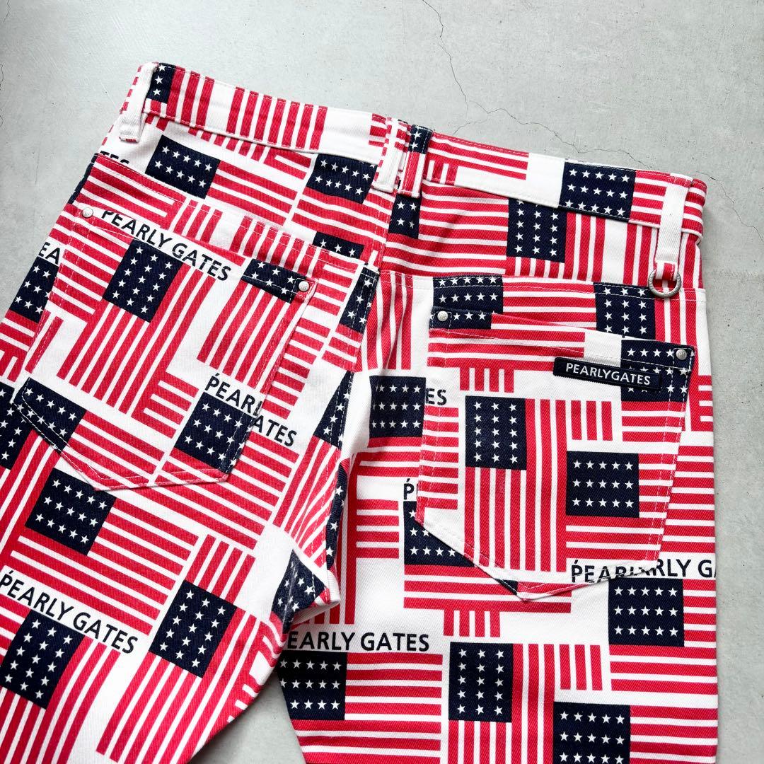 【美品】PEARLY GATES 星条旗 総柄 ストレッチロングパンツ ロゴ刺繍