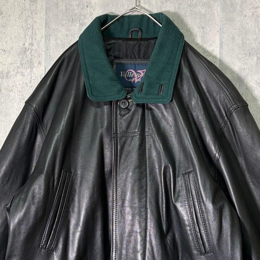 羊革 ラムレザー カーコート 襟グリーン 本革 黒 ヴィンテージ
