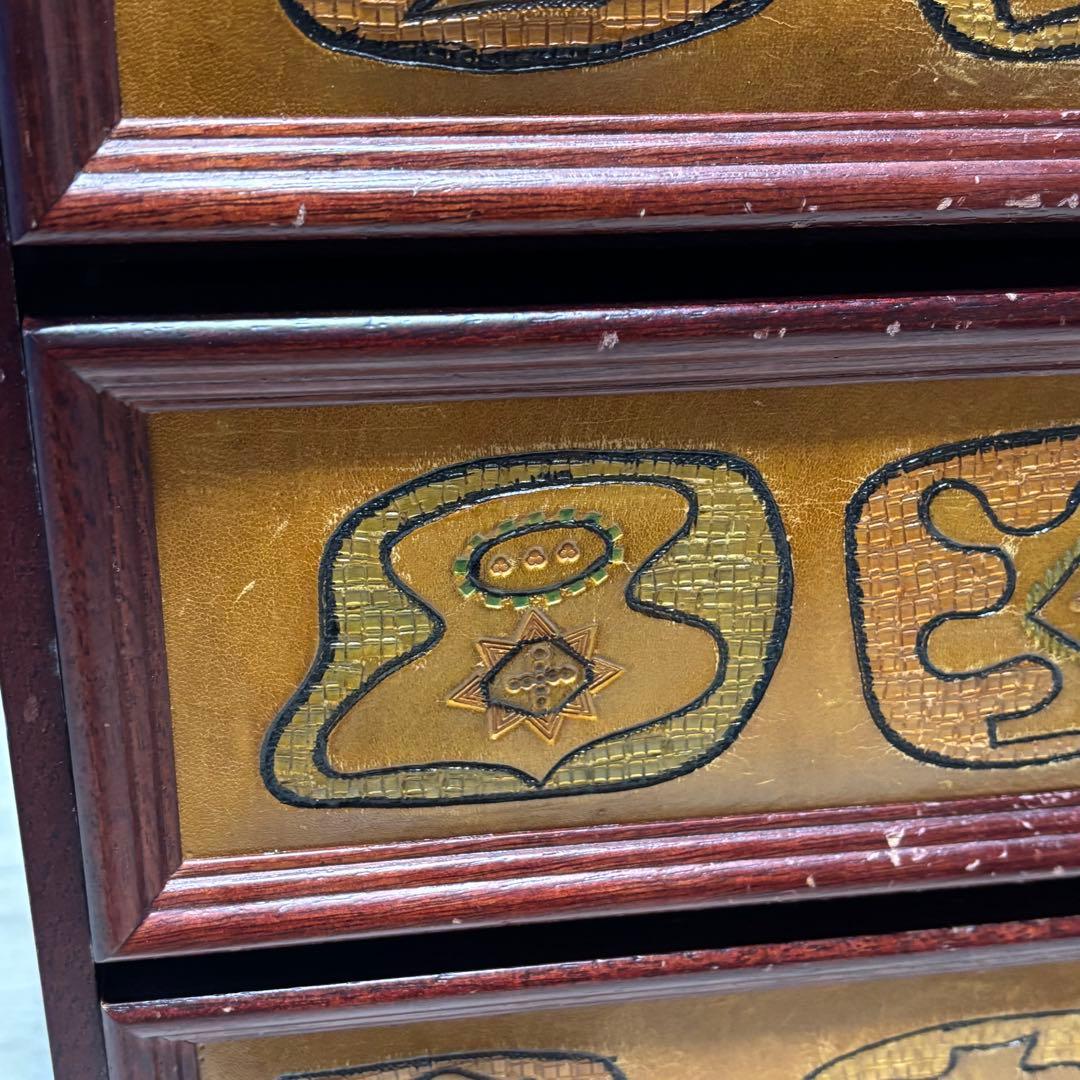 アンティーク　本革　木製レザー　小引き出し　3段引き出し　収納　ミニチェスト